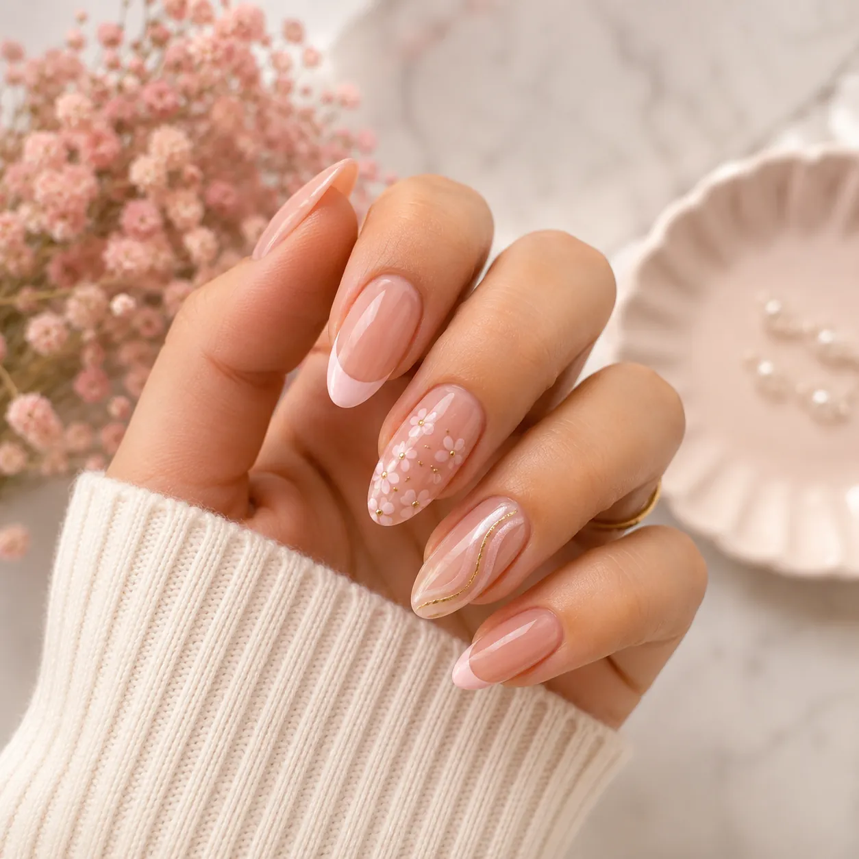 Almond nails with French tips and delicate white floral nail art