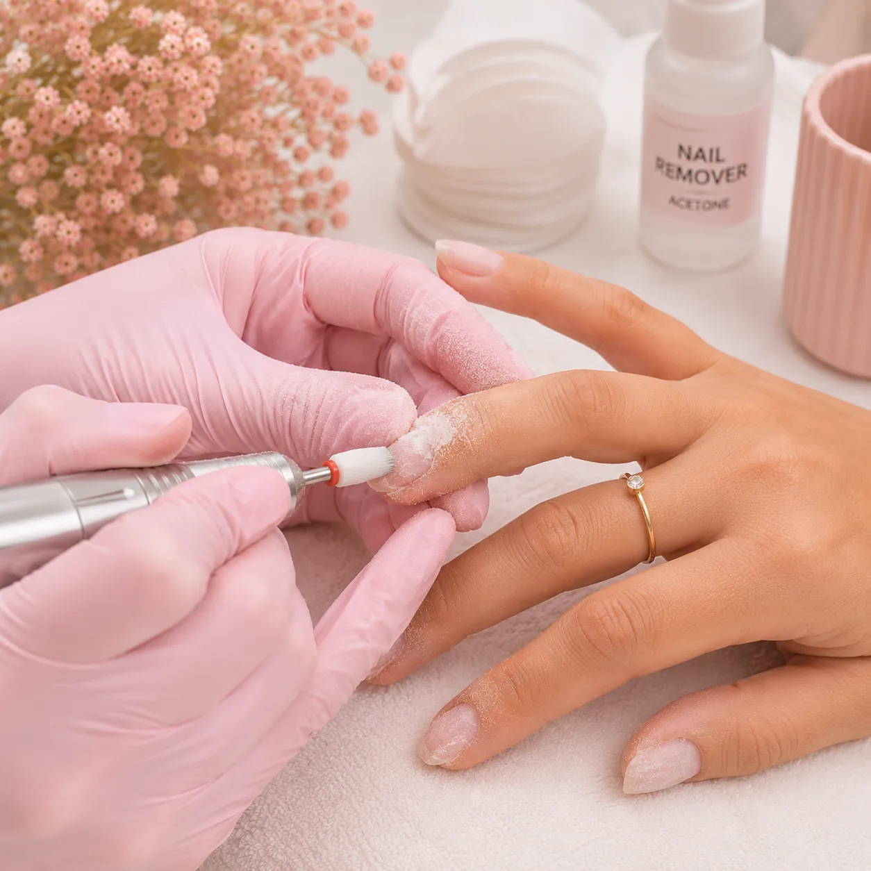 Gel nail removal with an e-file and acetone remover