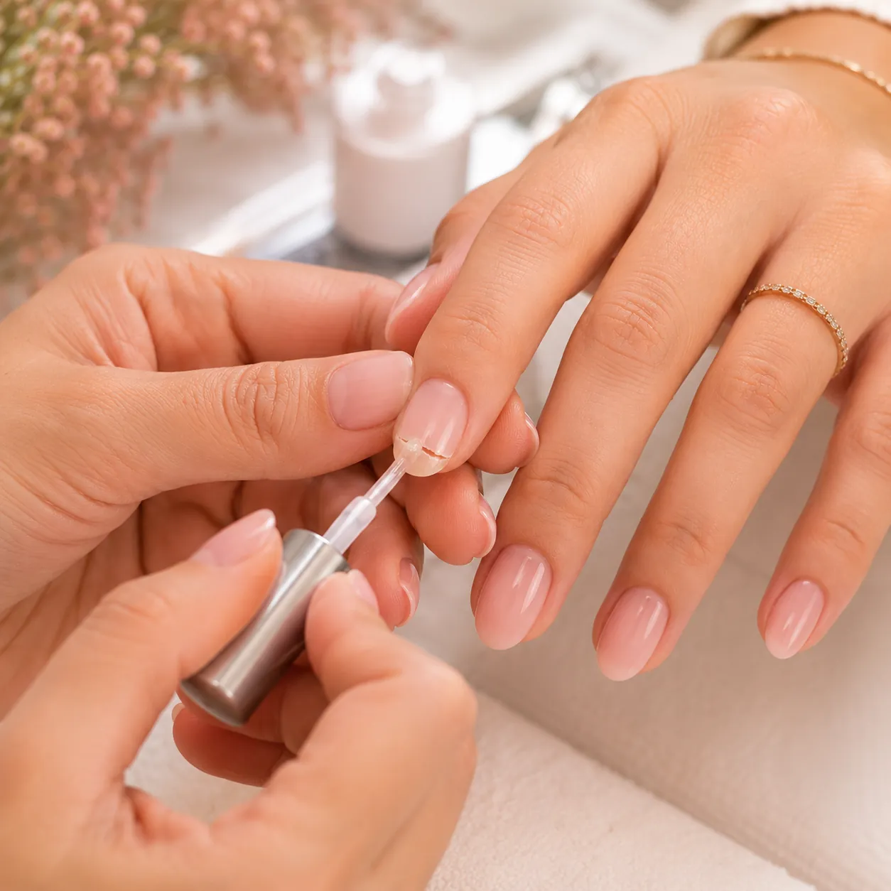 A nail technician repairing and polishing a natural nail